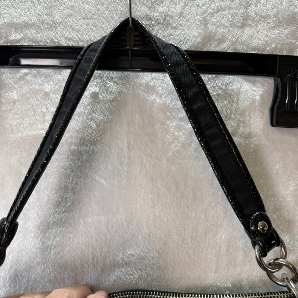Coach Poppy Signature Sateen Metallic Shoulder Bag Black Silver Zip Tote Purse - Picture 9 of 12